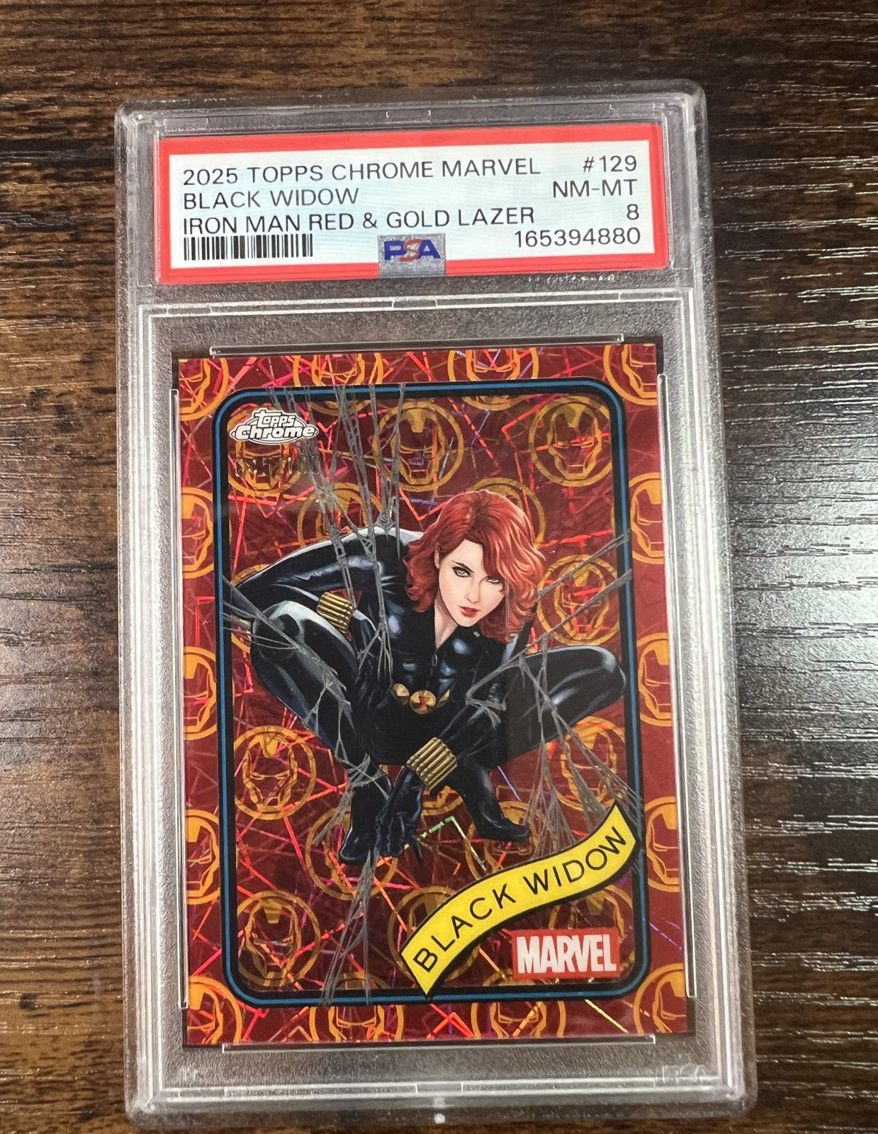 2025 Topps Chrome Marvel #129 Black Widow Iron Man Red Gold Lazer PSA 8