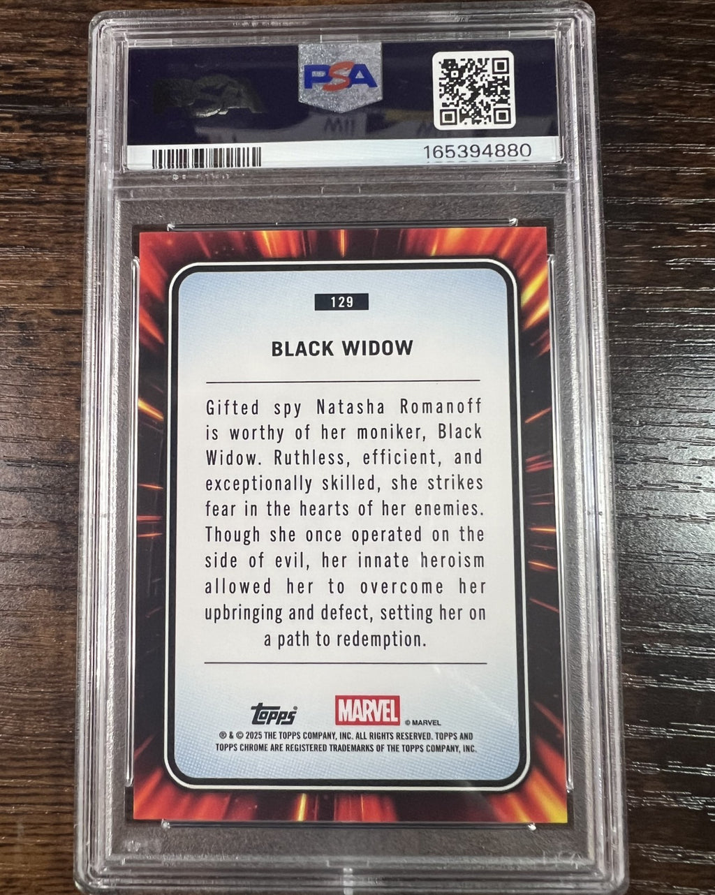 2025 Topps Chrome Marvel #129 Black Widow Iron Man Red Gold Lazer PSA 8