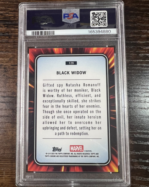 2025 Topps Chrome Marvel #129 Black Widow Iron Man Red Gold Lazer PSA 8