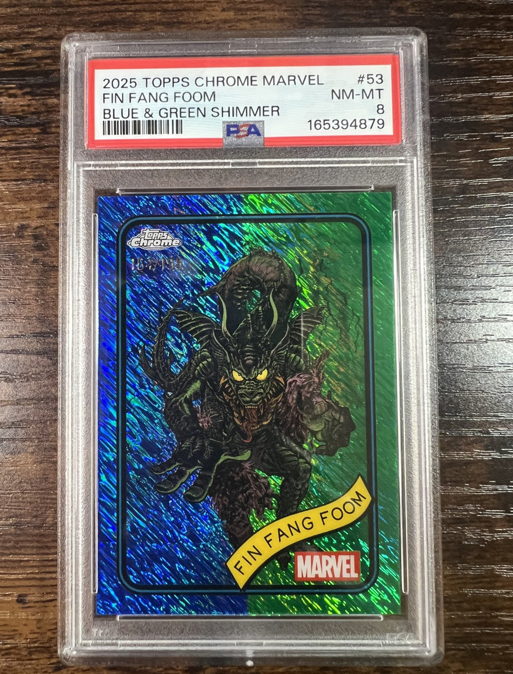2025 Topps Chrome Marvel #53 Fin Fang Foom Blue Green Shimmer /199 PSA 8