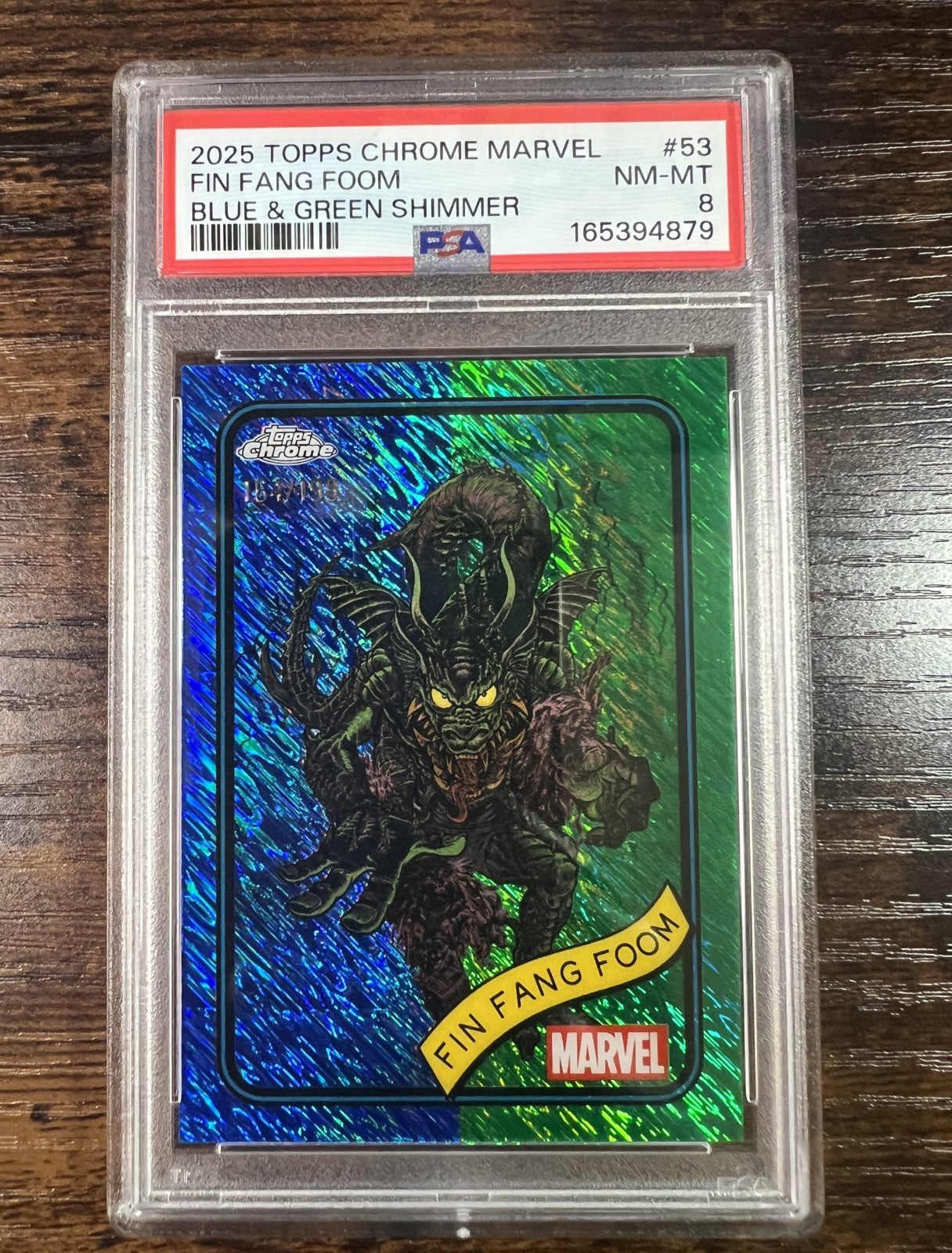 2025 Topps Chrome Marvel #53 Fin Fang Foom Blue Green Shimmer /199 PSA 8