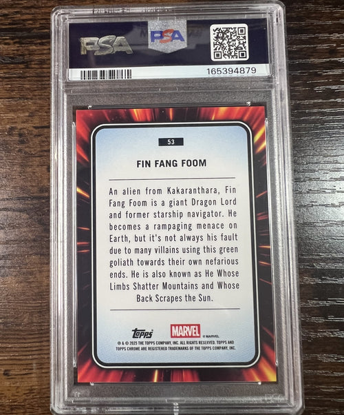 2025 Topps Chrome Marvel #53 Fin Fang Foom Blue Green Shimmer /199 PSA 8